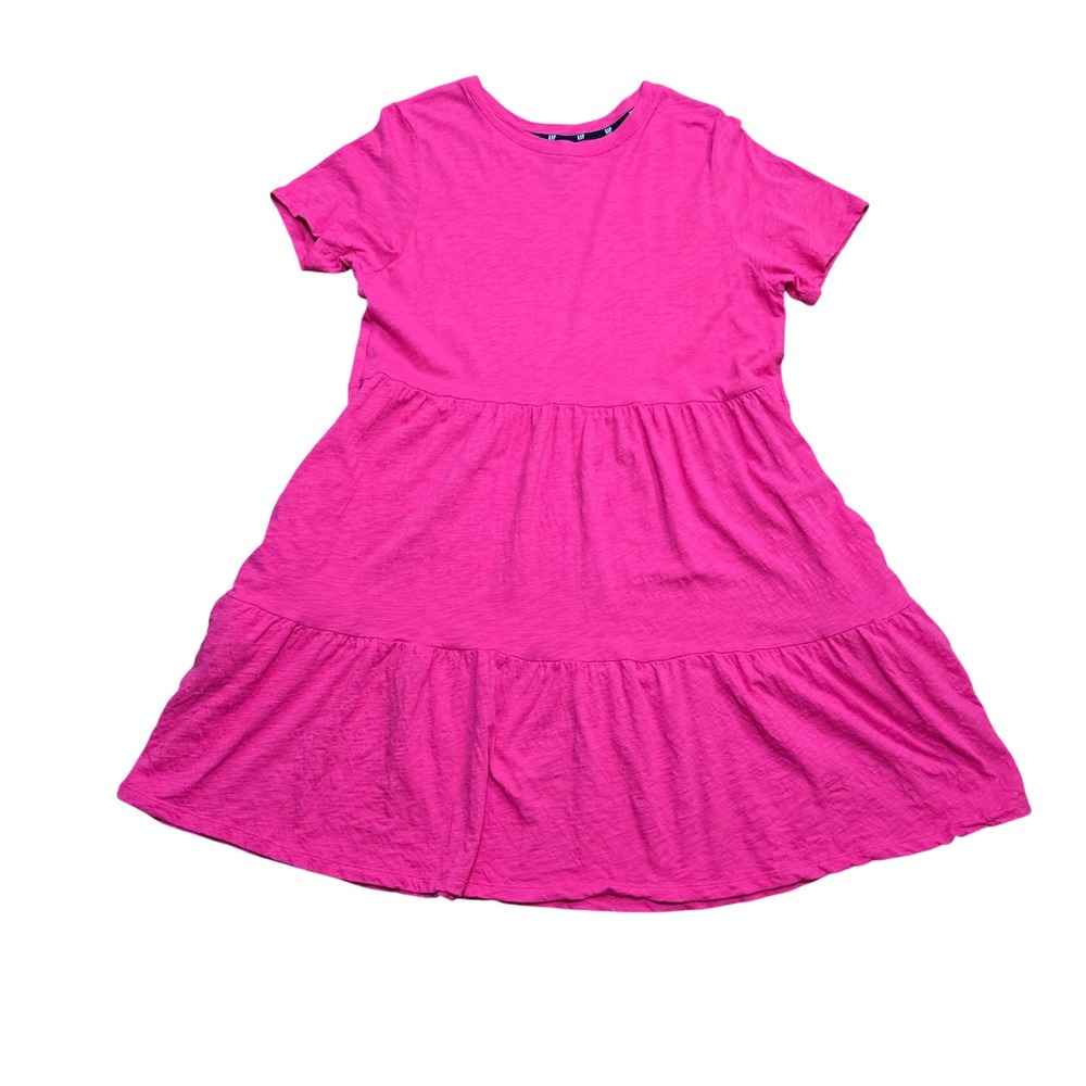 GAP Hot Pink Cotton Slub Tiered Dress Short Sleeve Pockets Size L